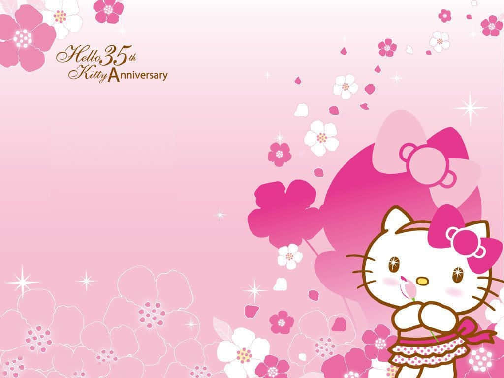 Hello Kitty 在粉紅花卉慶典中帶有週年文字 — Hello Kitty 壁紙