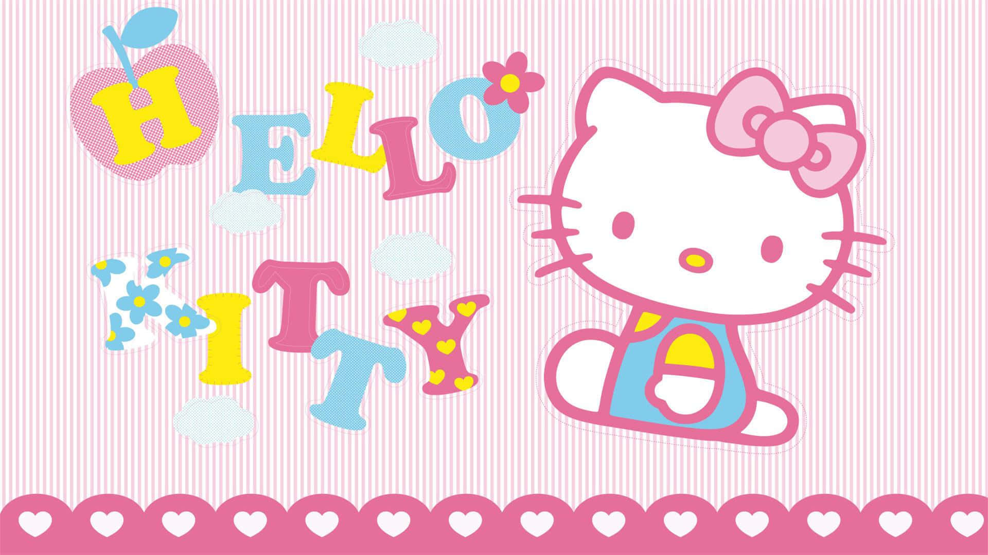 Sanrio Christmas 桌布 壁紙 — Hello Kitty 在有愛心邊框的粉紅色條紋背景上，開心地坐在色彩繽紛的字母旁邊。