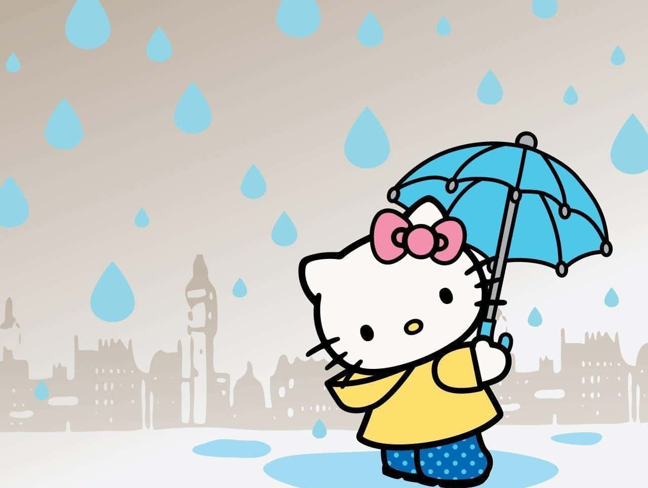Hello Kitty 在雨中撐傘，以倫敦天際線為背景。 — Sanrio 壁紙
