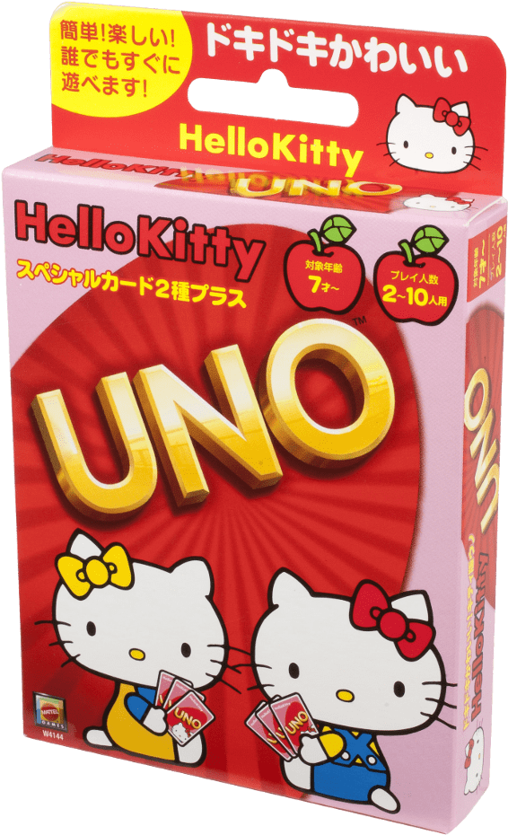 Hello Kitty UNO 卡牌遊戲盒，兩隻貓咪拿著卡牌。 — Hello Kitty 壁紙
