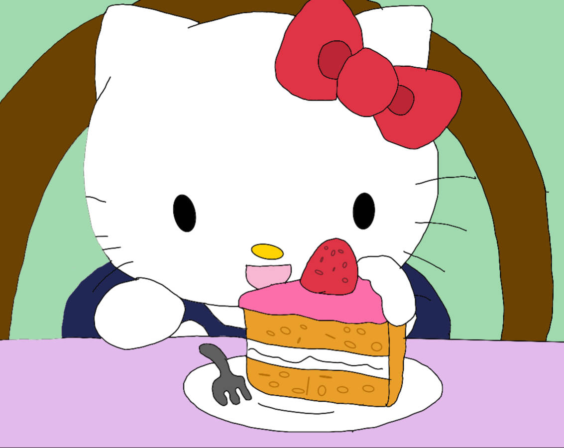 Hello Kitty 在桌子旁享用帶有粉紅色糖霜的草莓蛋糕。 — Hello Kitty 壁紙