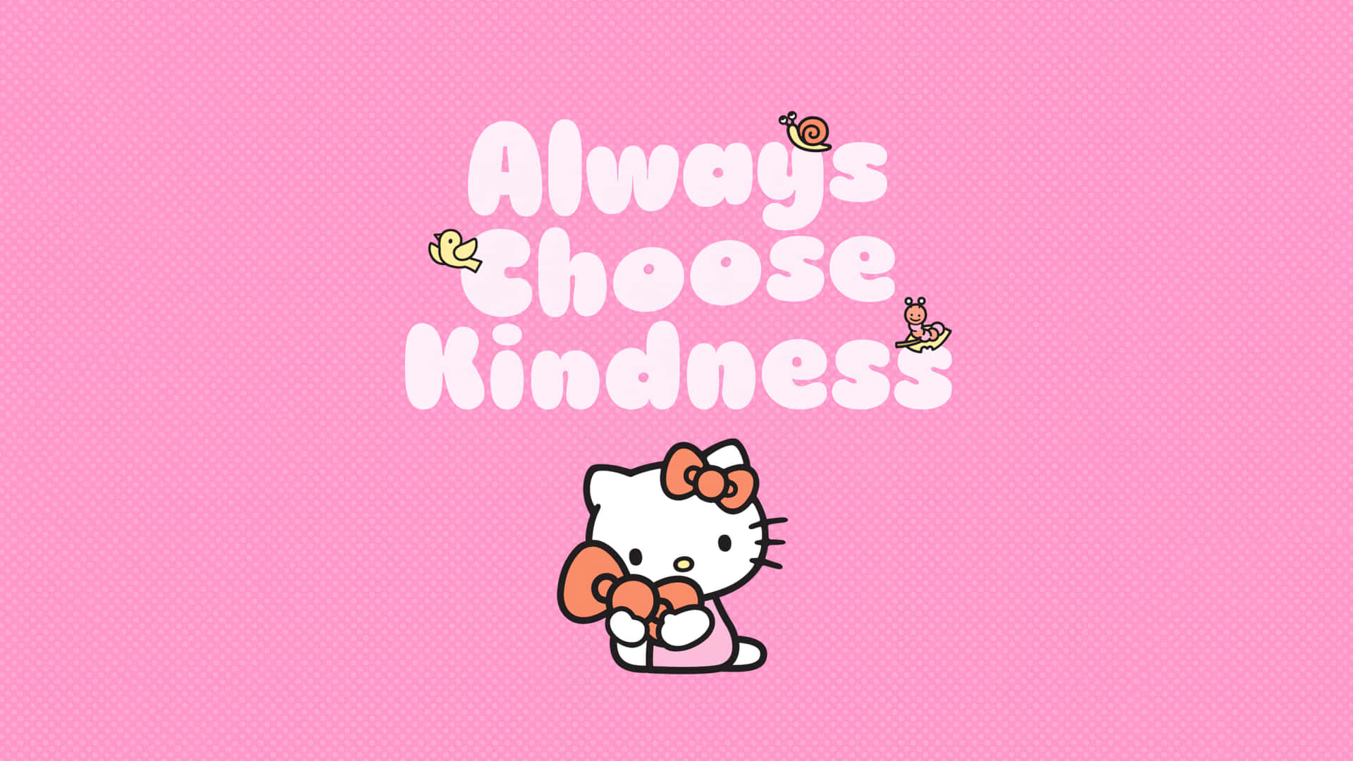 Hello Kitty 手持帶有「Always Choose Kindness」文字的心形，附近有小動物。 — Hello Kitty 壁紙