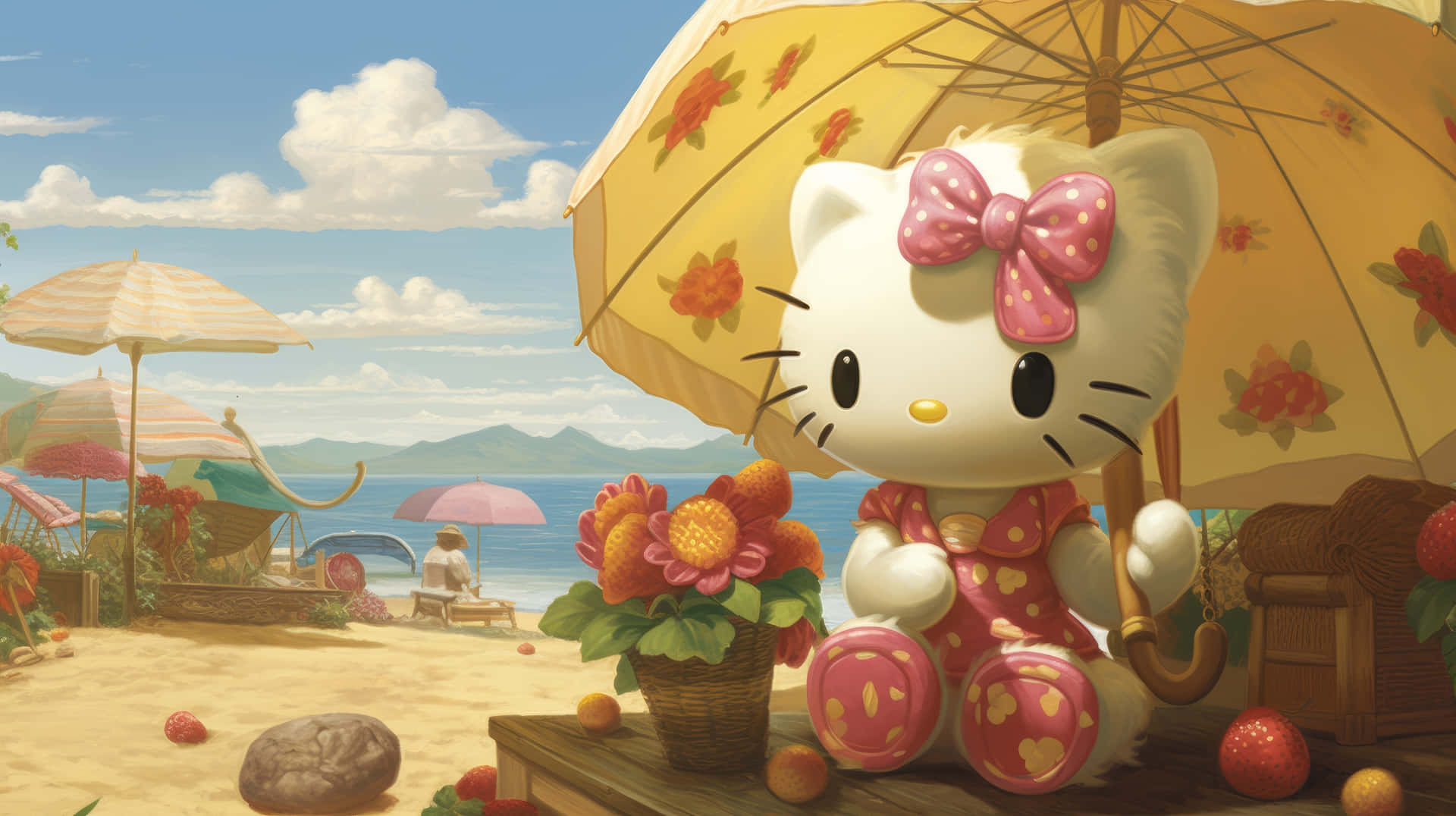  壁紙 — Hello Kitty 坐在陽光沙灘上的花卉雨傘下，旁邊有一盆花和散落的草莓。