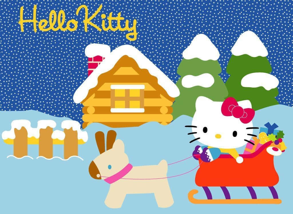 Hello Kitty Christmas 桌布 壁紙 — Hello Kitty 乘坐由馴鹿拉動的紅色雪橇，穿過雪景中的冬季場景，有木屋和松樹，雪花飄落。