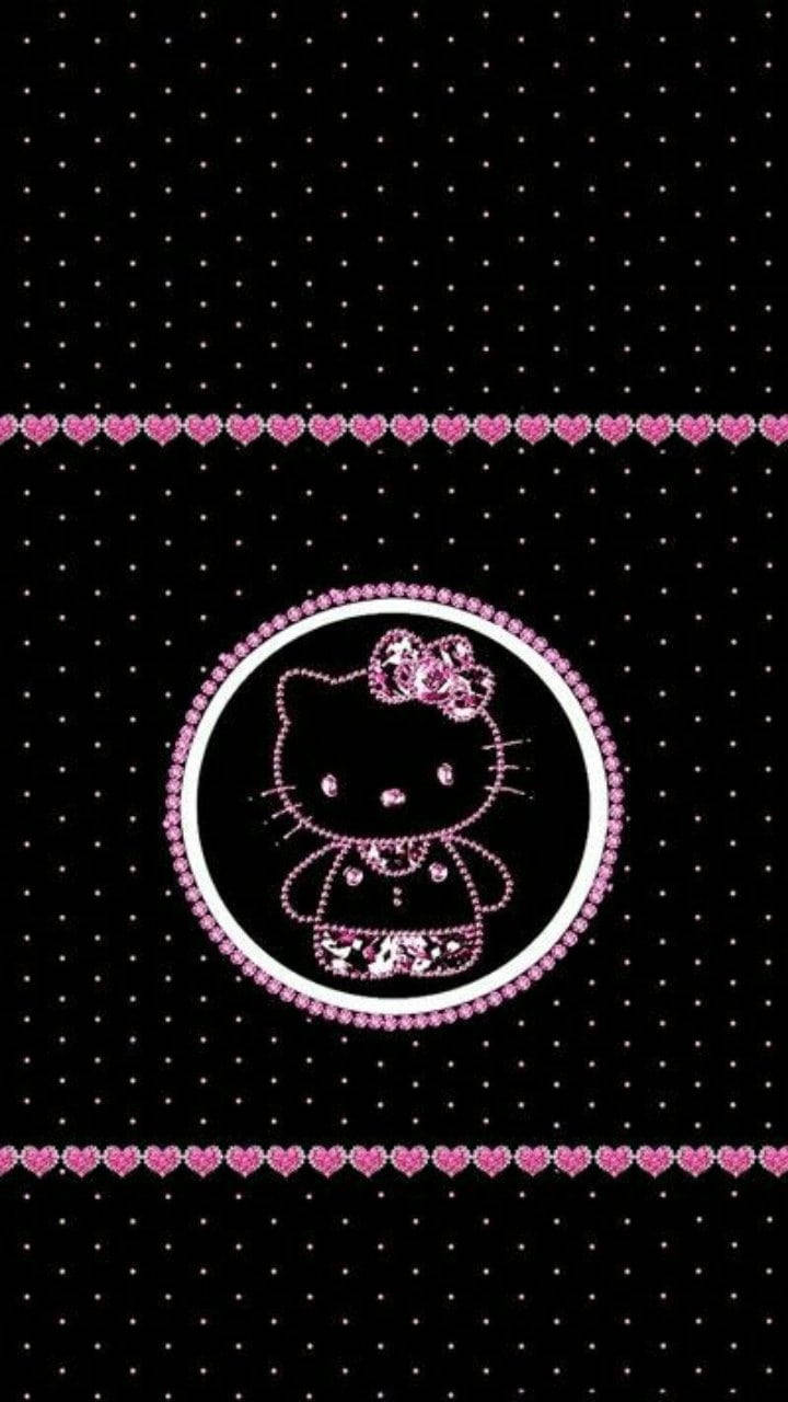 Kitty 桌布 壁紙 — Hello Kitty 以粉紅色閃粉輪廓居中於黑色圓點背景上，帶有粉紅色心形邊框。