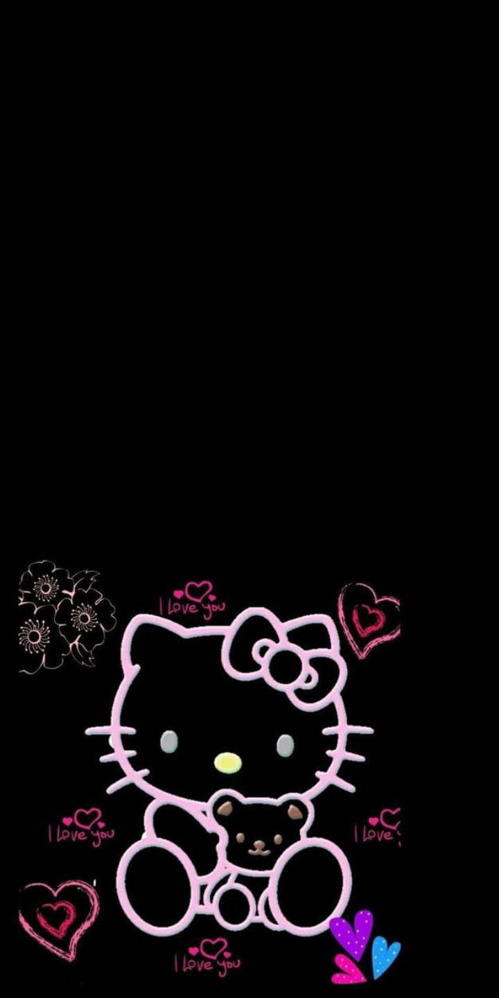 Kitty 桌布 壁紙 — Hello Kitty 以粉紅色輪廓抱著一隻泰迪熊，周圍環繞著心形和「I love you」文字，背景為黑色。