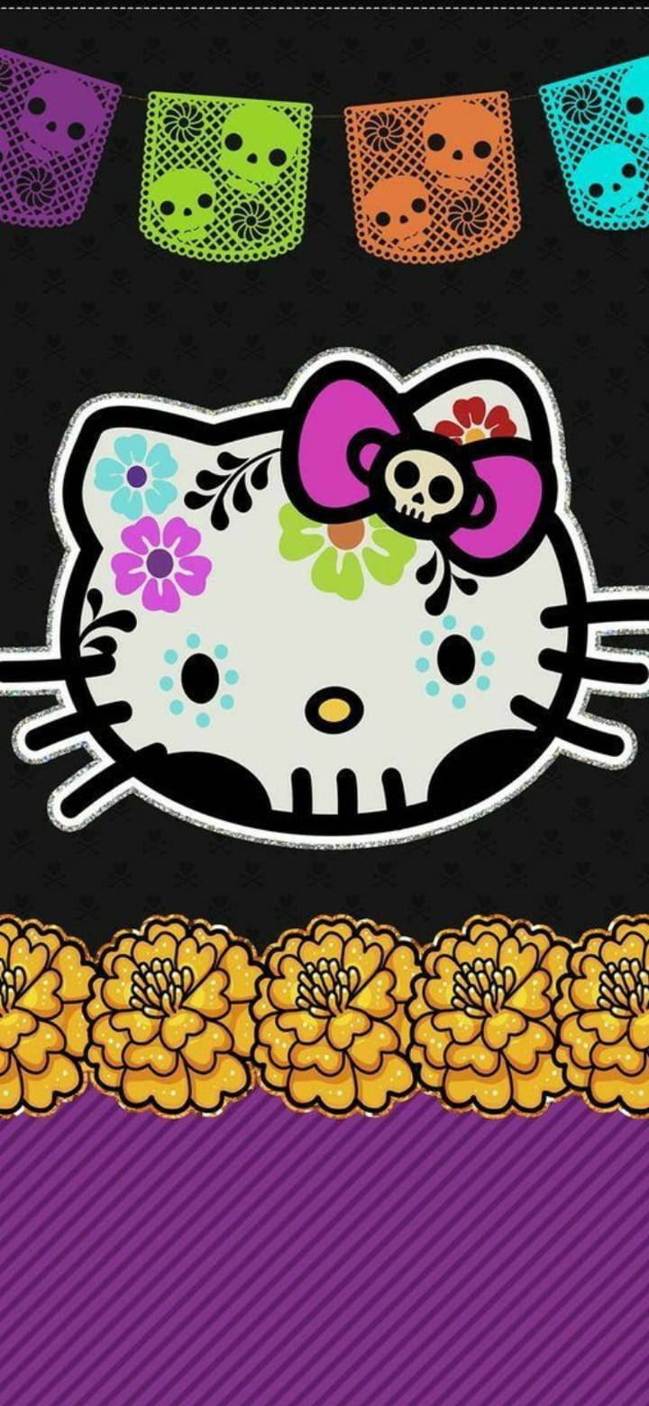 Kitty 桌布 壁紙 — Hello Kitty 以糖骷髏化妝和彩色紙雕旗幟，背景為黑色並有萬壽菊。