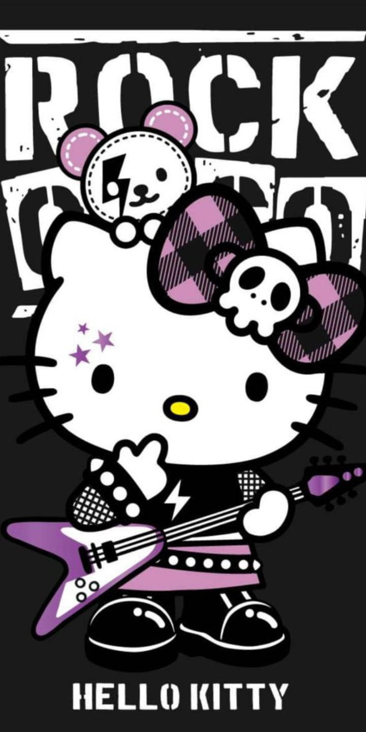 Kitty 桌布 壁紙 — Hello Kitty 以龐克搖滾裝備在黑色背景上彈奏紫色電吉他，並帶有「ROCK」文字。