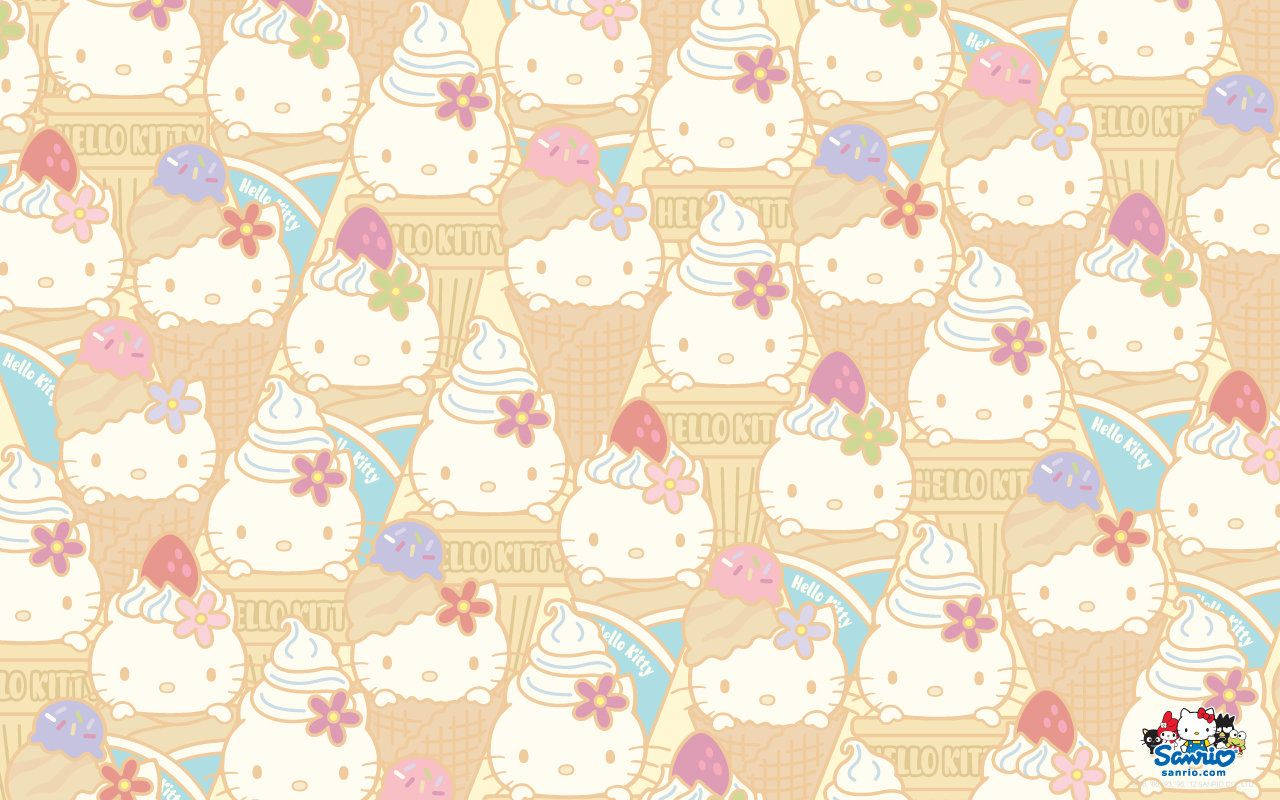 sanrio 桌布 壁紙 — Hello Kitty 冰淇淋甜筒重複圖案，上面有花朵和漩渦，採用柔和色調。