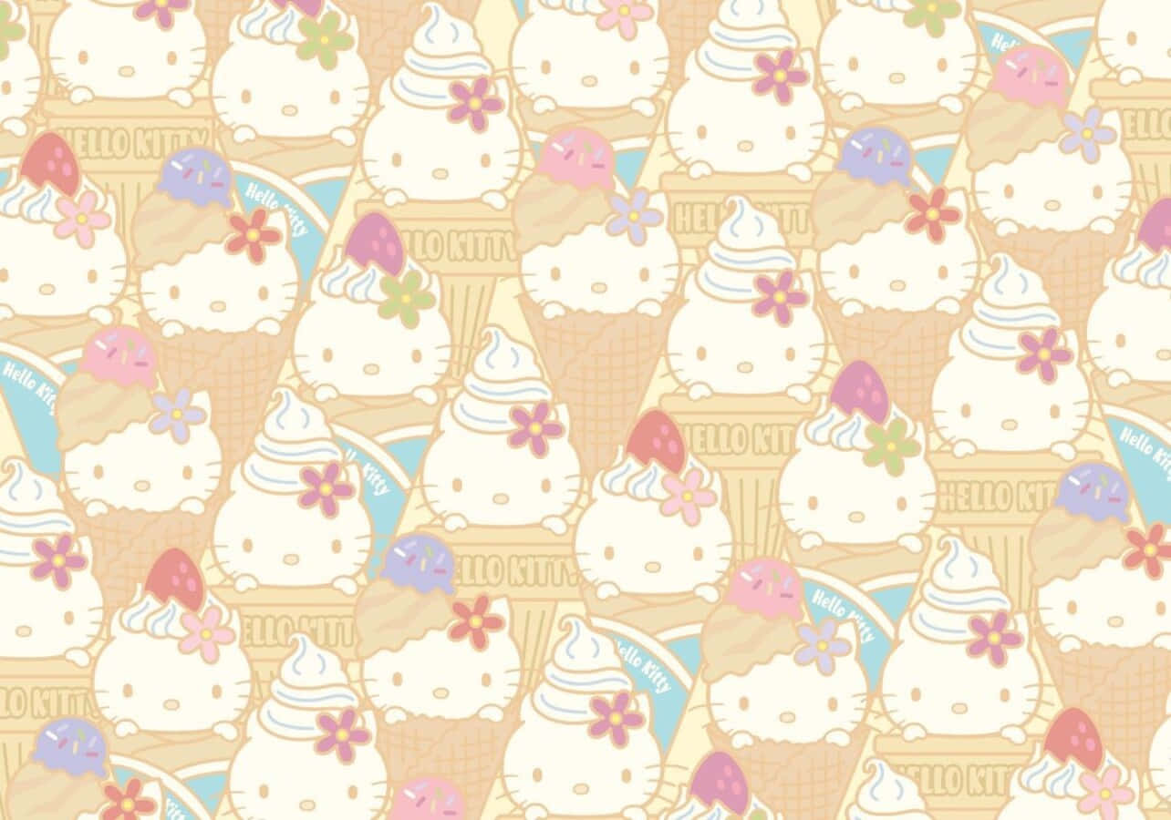 Kawaii Dessert 桌布 壁紙 — Hello Kitty 冰淇淋甜筒重複圖案，上面有花朵和漩渦，採用柔和色調。