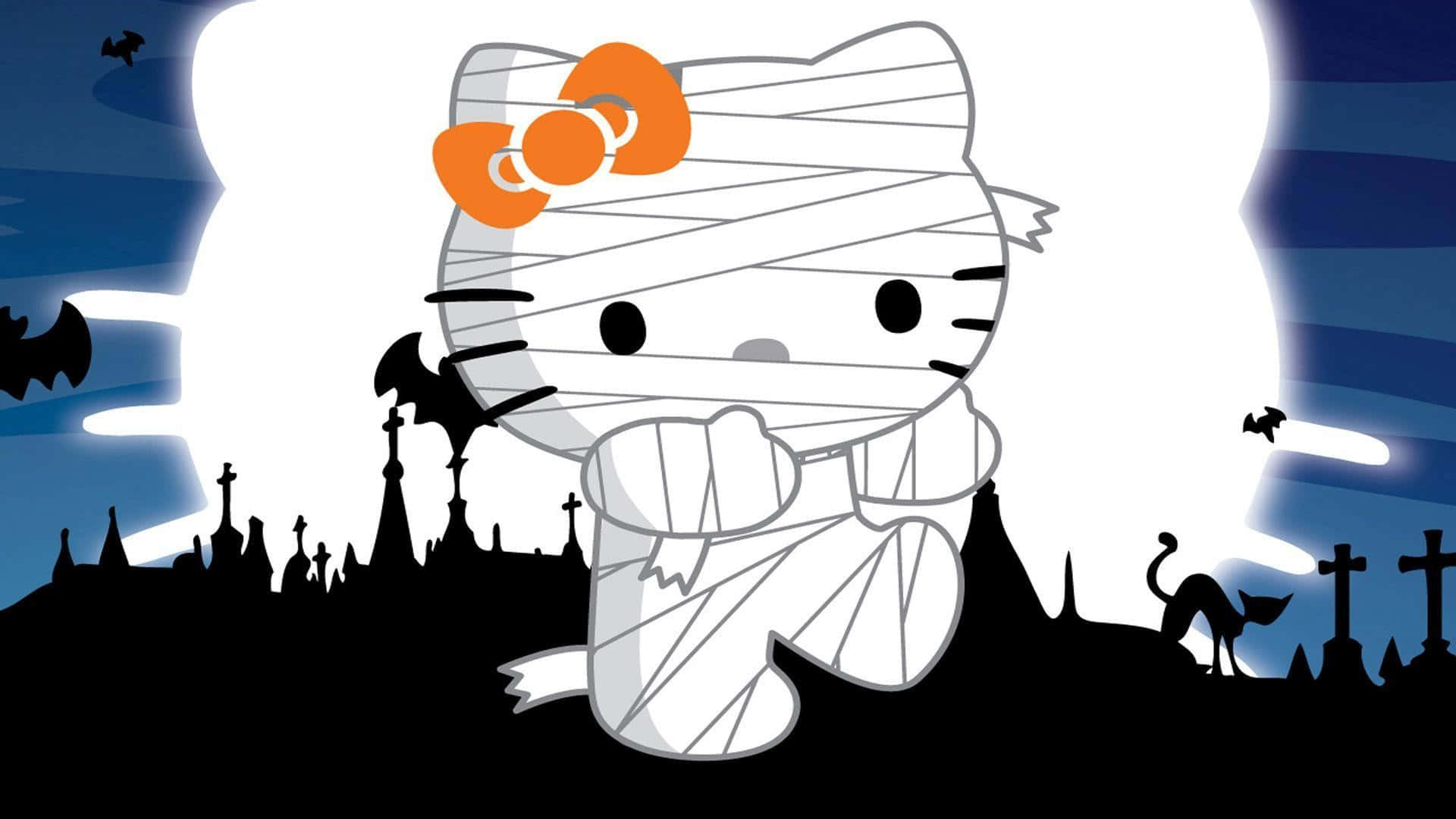 Halloween Profile 桌布 壁紙 — Hello Kitty 包裹著白色繃帶，戴著橙色蝴蝶結，站在滿月下的陰森墓地中，有蝙蝠和一隻貓。