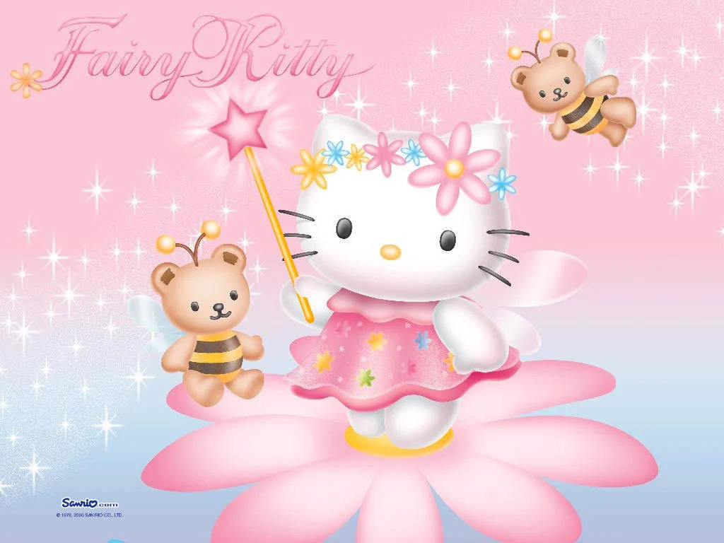 Hello 桌布 壁紙 — Hello Kitty 化身為仙子，身穿粉紅色連衣裙，坐在一朵巨大的粉紅色花朵上，旁邊有兩隻蜜蜂泰迪熊，背景是粉彩天空中的閃爍星星。