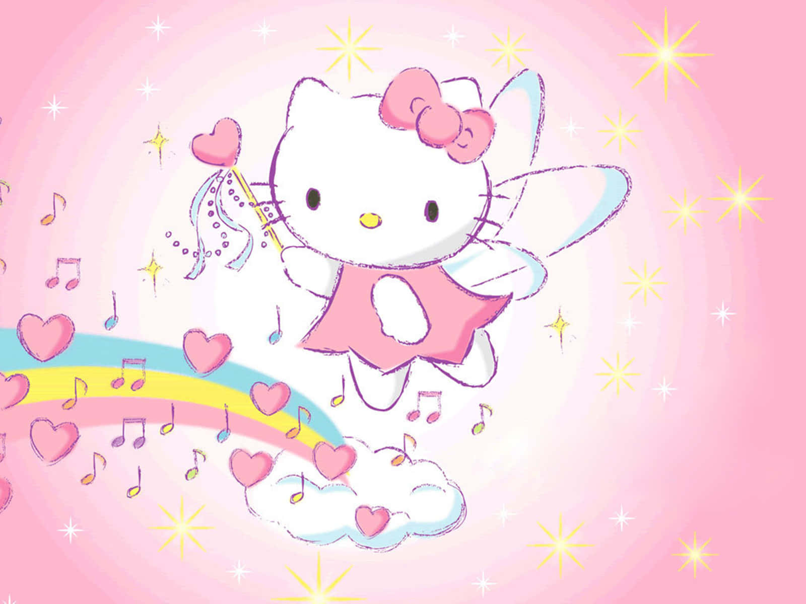 Hello Kitty 桌布 壁紙 — Hello Kitty 化身為仙子，擁有粉紅色翅膀和蝴蝶結，漂浮在彩虹雲上，周圍環繞著心形和音符，背景是閃爍的粉紅色天空。