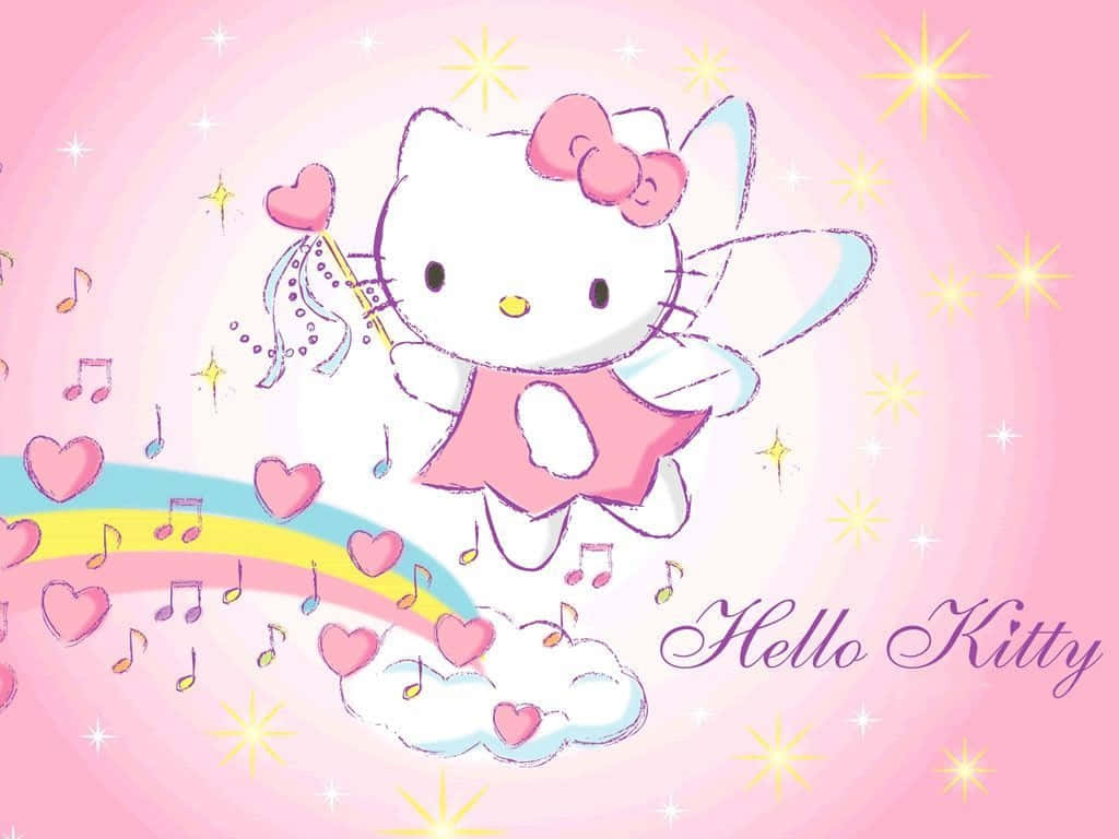 粉紅色 桌布 壁紙 — Hello Kitty 化身為帶有翅膀和魔法棒的精靈，漂浮在彩虹之上，周圍環繞著心形和音符，背景是閃閃發光的粉紅色。