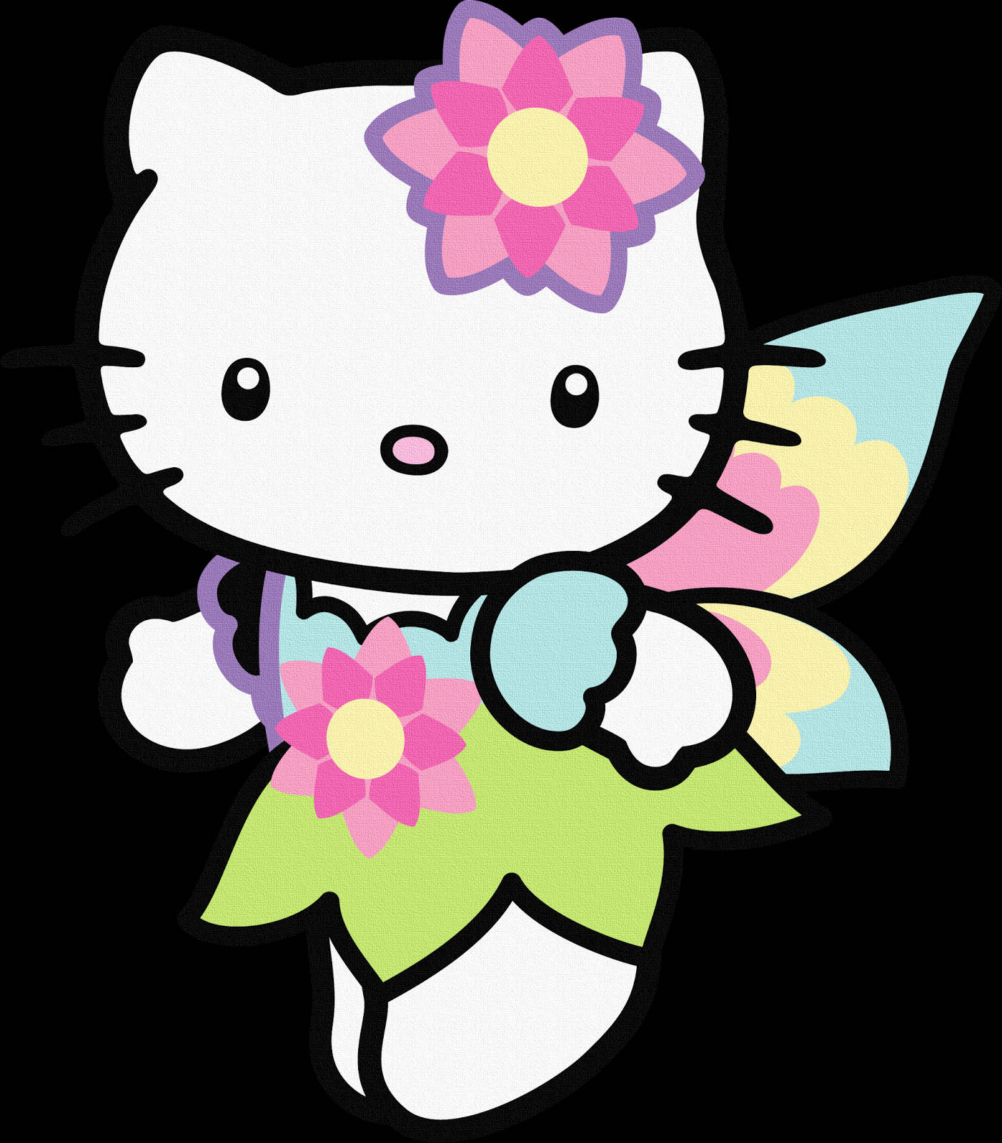 Hello 桌布 壁紙 — Hello Kitty 化身為色彩繽紛的仙子，戴著粉紅色花朵頭飾和翅膀，在黑色背景前手持花朵。