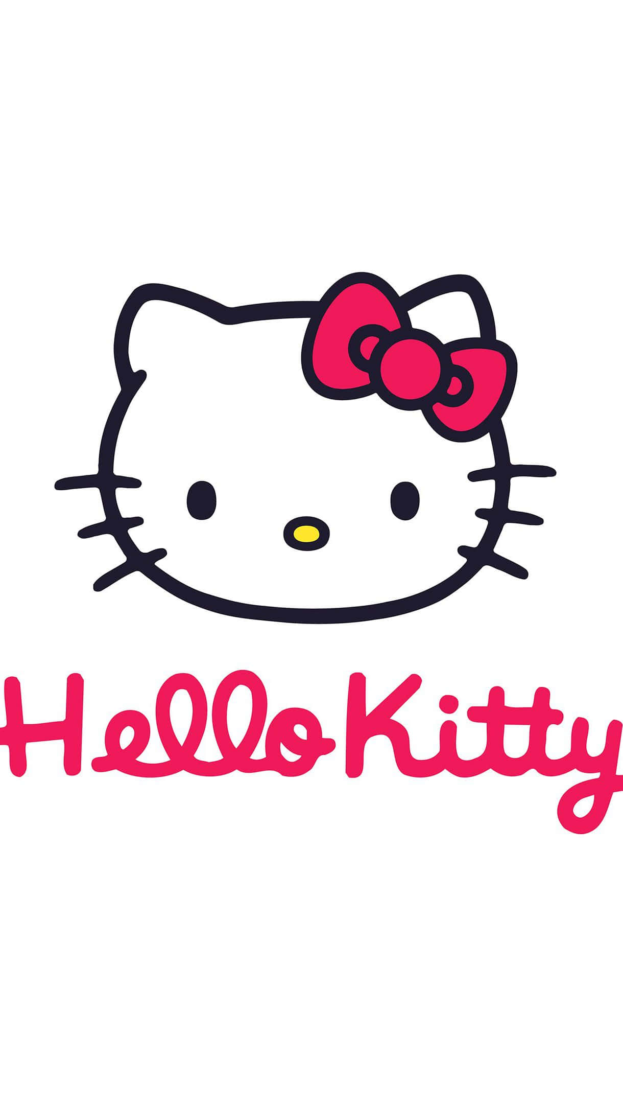 Kitty White 桌布 壁紙 — Hello Kitty 卡通臉孔，帶有紅色蝴蝶結和粉紅色手寫標誌，背景為純白色。
