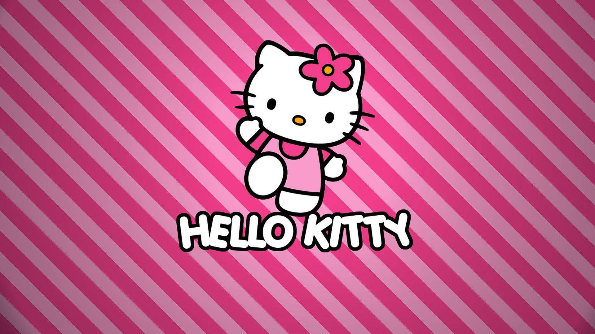 Hello Kitty 桌布 壁紙 — Hello Kitty 卡通角色穿著粉紅色連衣裙，戴著花朵頭帶，站在對角粉紅色條紋前。