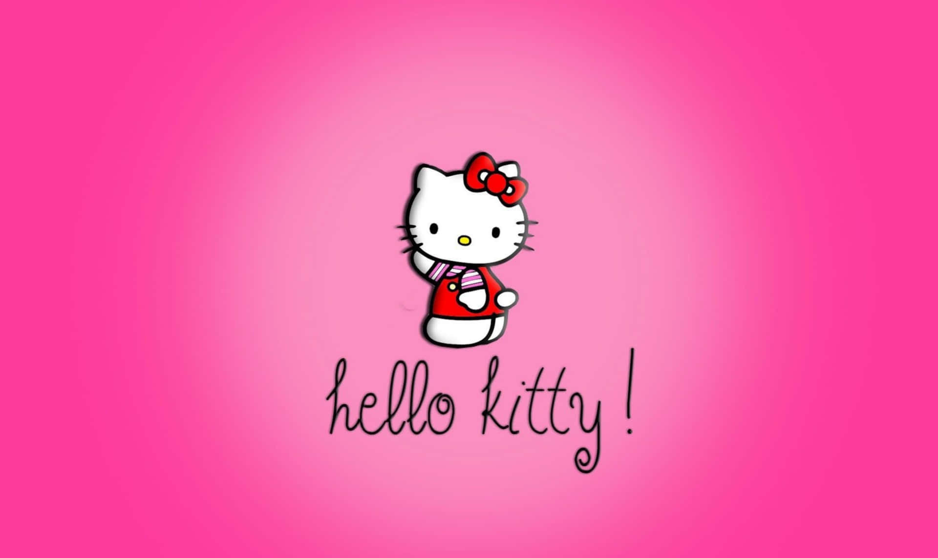 sanrio 桌布 壁紙 — Hello Kitty 卡通角色，身穿紅色服裝，戴著紅色蝴蝶結，位於充滿活力的粉紅色漸變背景中央。