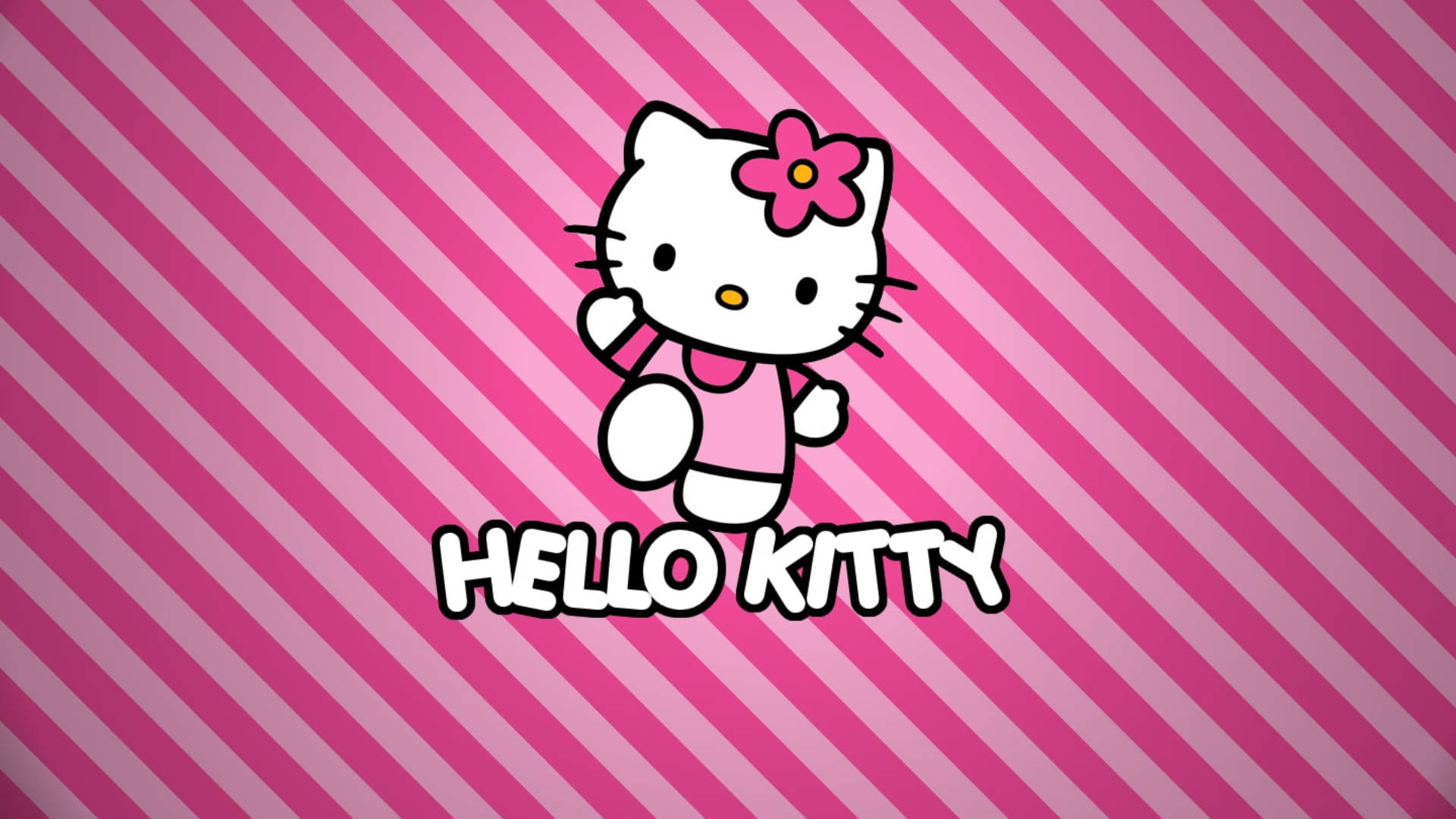 Hello 桌布 壁紙 — Hello Kitty 卡通角色穿著粉紅色連衣裙，戴著花朵頭帶，背景為對角粉紅色條紋。