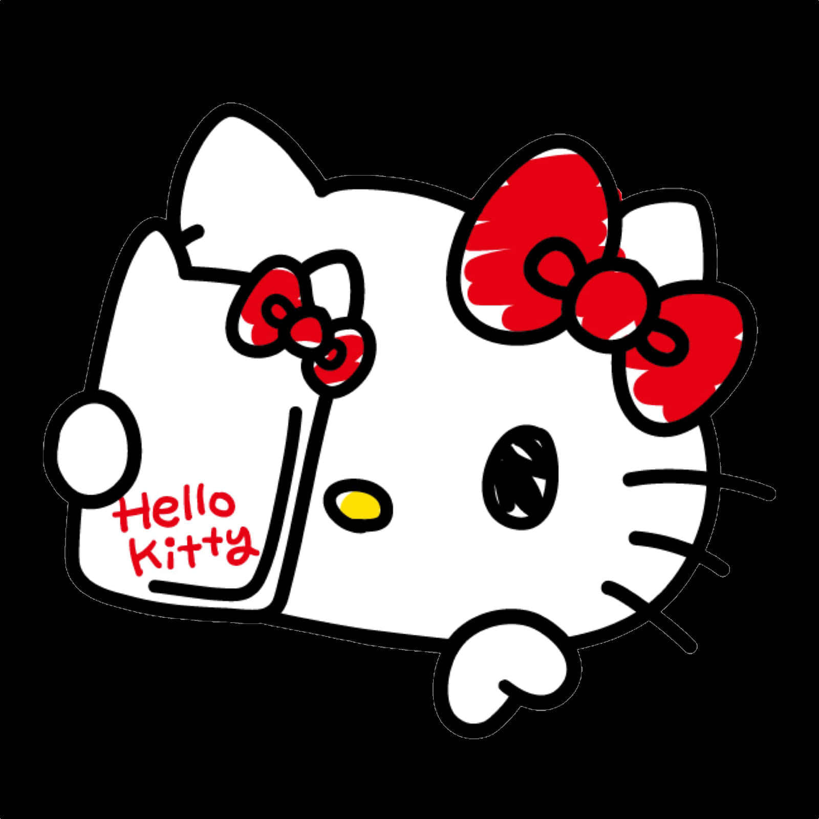 Hello Kitty 桌布 壁紙 — Hello Kitty 卡通角色，帶有紅色蝴蝶結和黃色鼻子，從黑色背景後探出頭來。