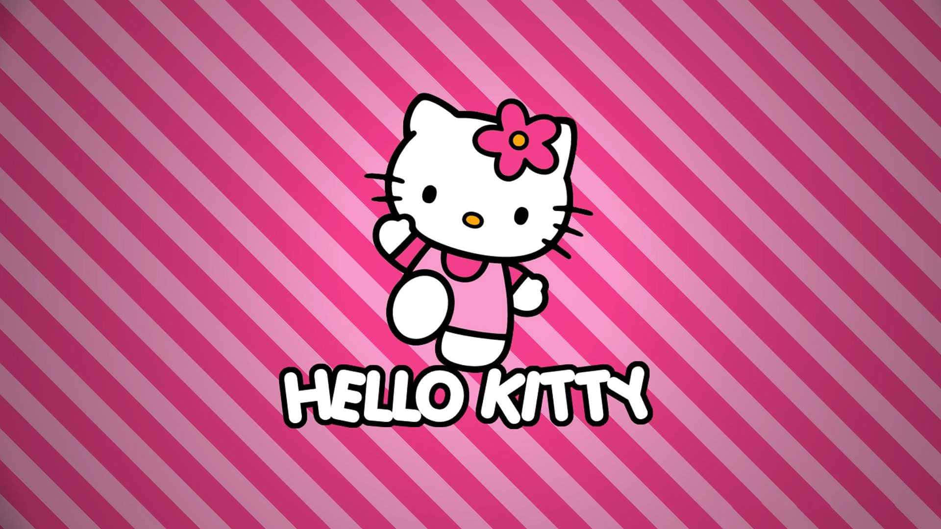 sanrio 桌布 壁紙 — Hello Kitty 卡通角色穿著粉紅色連衣裙，在粉紅色斜紋背景上揮手。