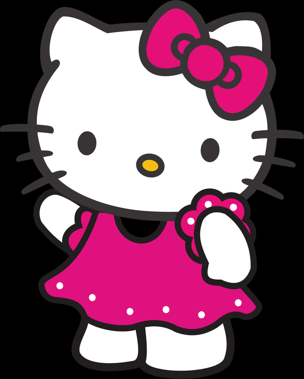 Hello Kitty 桌布 壁紙 — Hello Kitty 卡通角色身穿粉紅色連衣裙和蝴蝶結，站在黑色背景前。