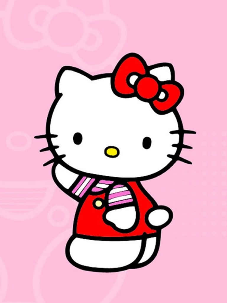 桌布 壁紙 — Hello Kitty 卡通角色身穿紅色服裝和蝴蝶結，在帶有淡淡圖案的粉紅色背景上揮手。