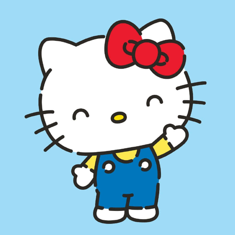 Hello Kitty 桌布 壁紙 — Hello Kitty 卡通角色穿著藍色吊帶褲在淺藍色背景上愉快地揮手。