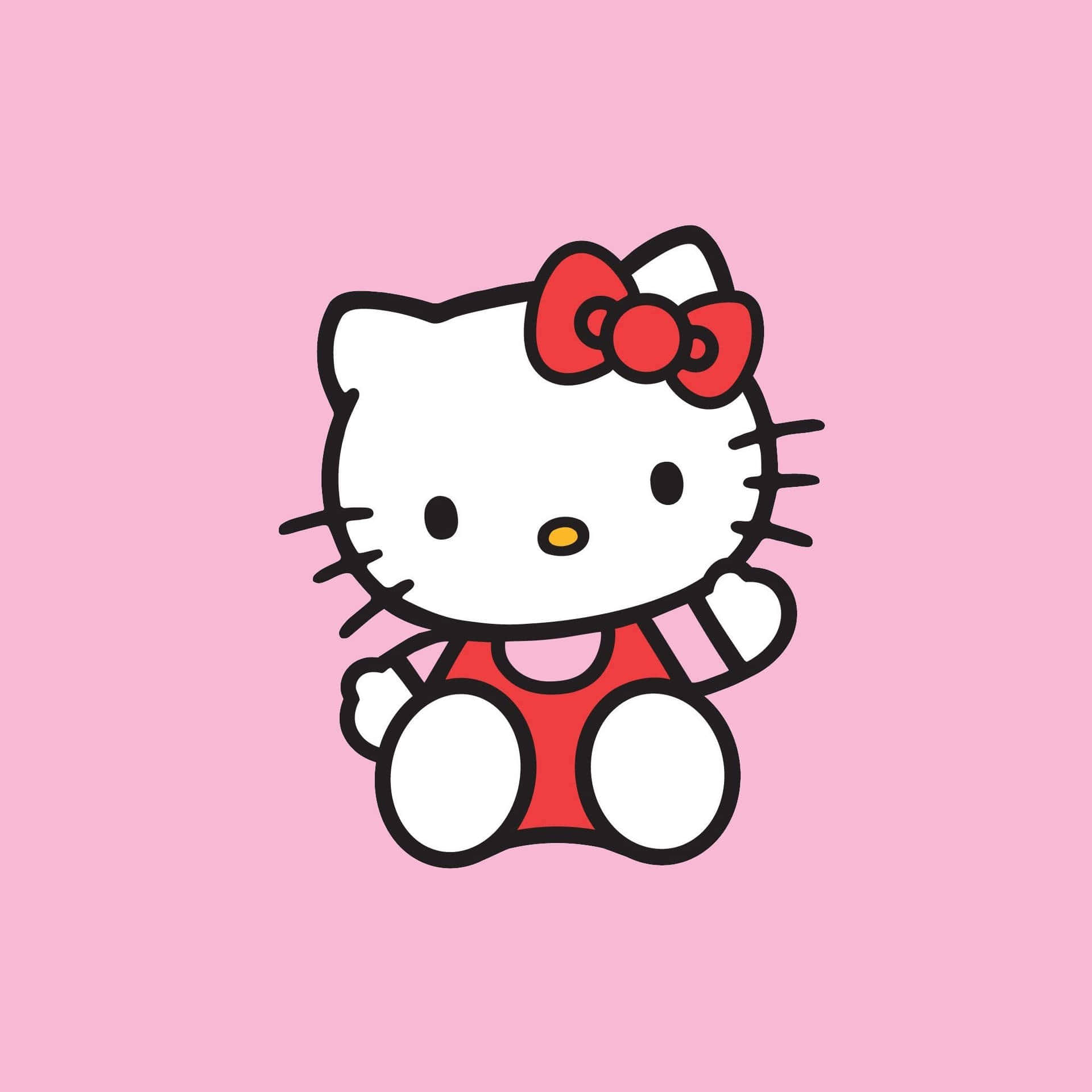 Kitty White 桌布 壁紙 — Hello Kitty 卡通角色穿著紅色連衣裙和蝴蝶結，坐在柔和的粉紅色背景前。