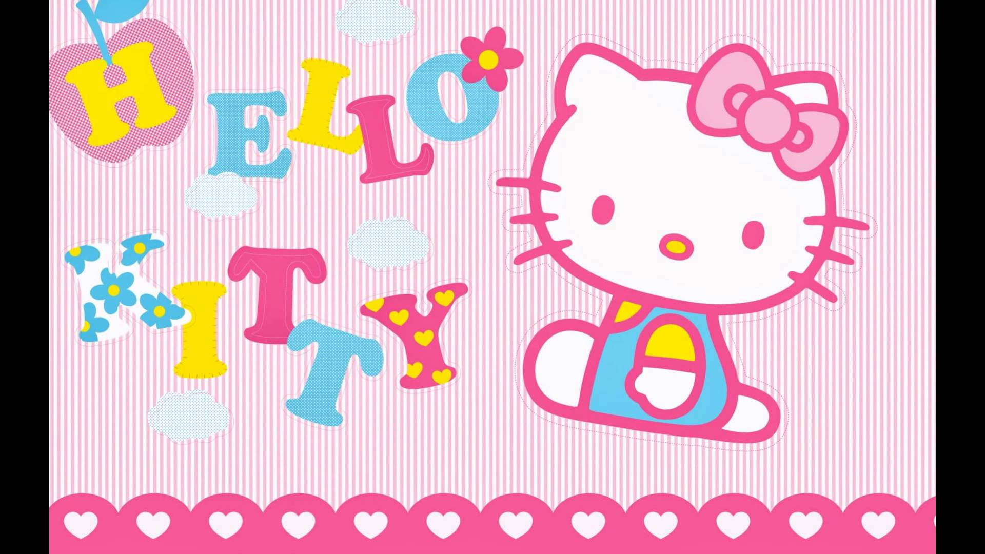 Hello 桌布 壁紙 — Hello Kitty 卡通角色戴著粉紅色蝴蝶結，坐在彩色字母旁邊，背景是粉紅色條紋，帶有雲朵和心形圖案。