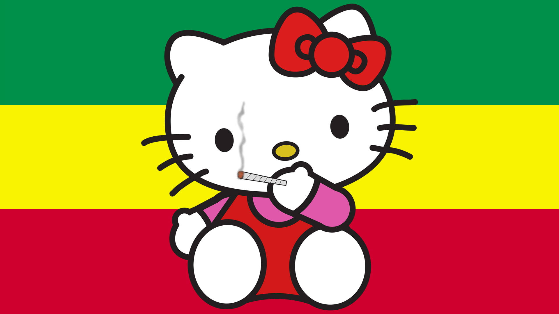 Hello 桌布 壁紙 — Hello Kitty 卡通角色在紅黃綠條紋背景前抽煙。