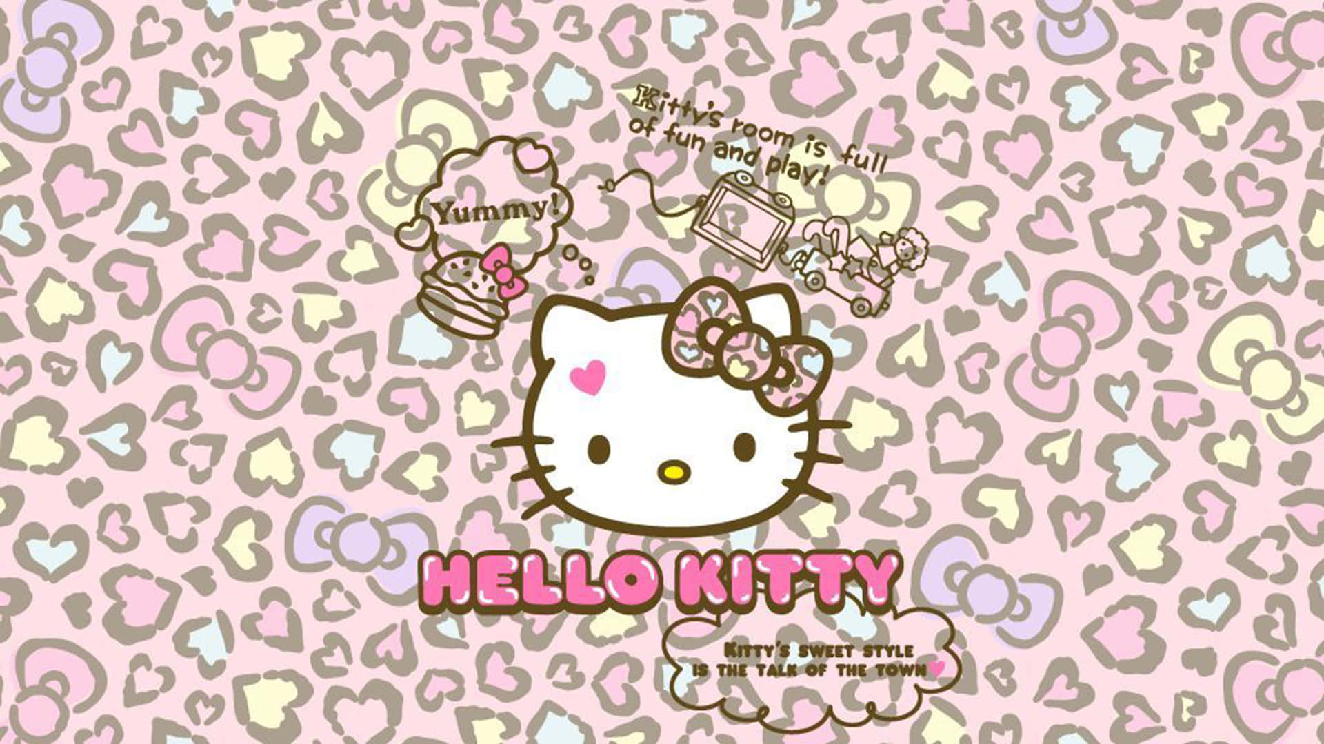 Hello Kitty Pc 桌布 壁紙 — Hello Kitty 卡通角色，帶有蝴蝶結和對話氣泡，背景為粉彩心形圖案。