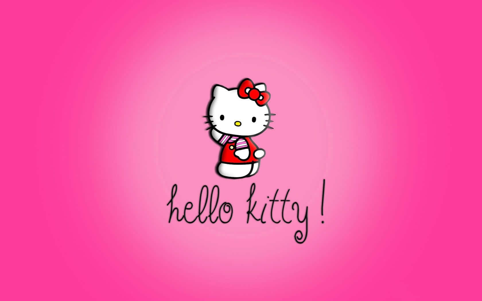 Hello Kitty 桌布 壁紙 — Hello Kitty 卡通角色身穿紅色服裝並戴著蝴蝶結，站在充滿活力的粉紅色漸變背景中央。