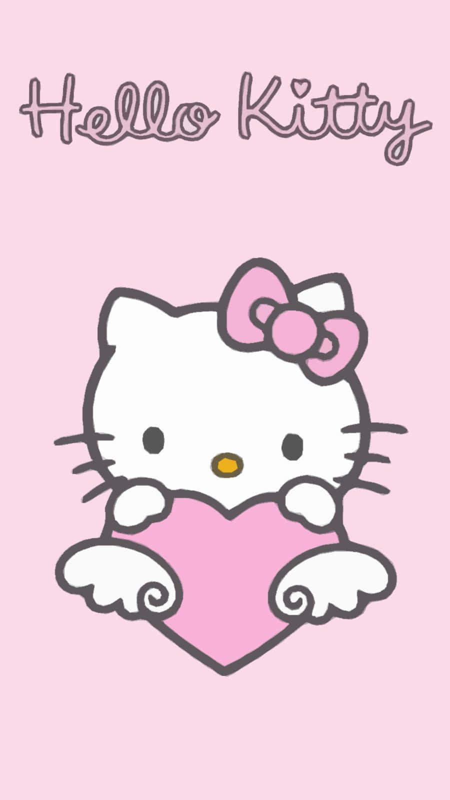 Kitty White 桌布 壁紙 — Hello Kitty 卡通角色手持粉紅色心形圖案，背景為柔和粉紅色，上方有她的名字。