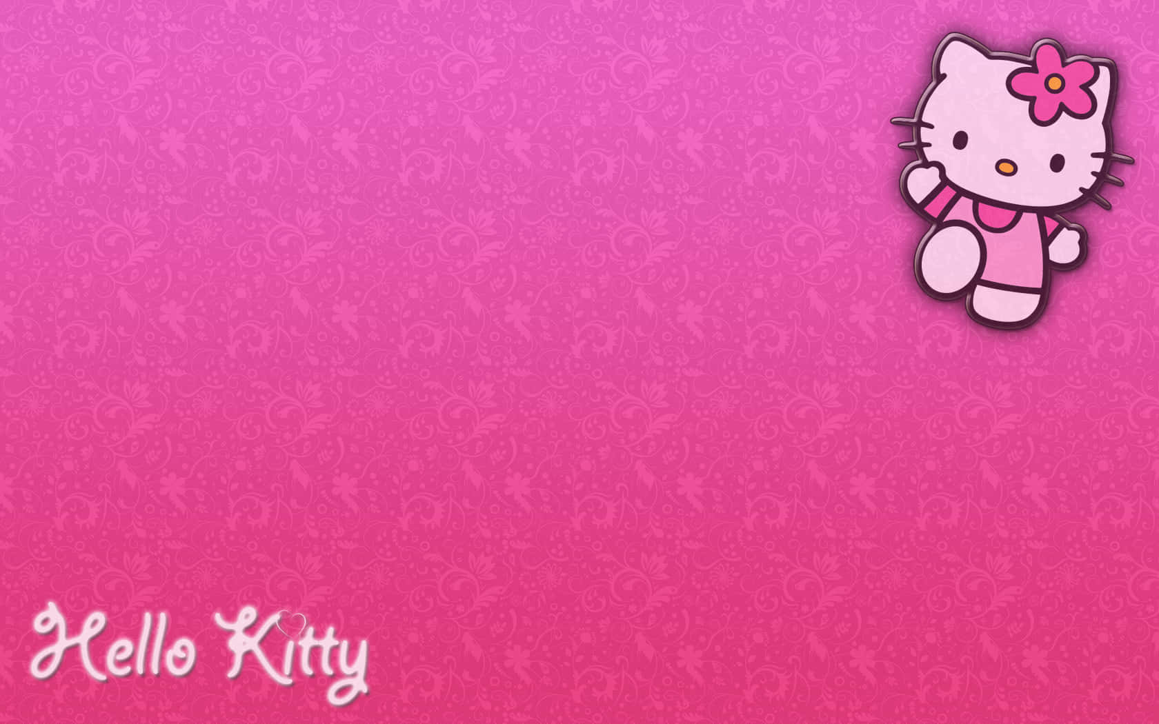 Hello Kitty 桌布 壁紙 — Hello Kitty 卡通角色，身穿粉紅色連衣裙，頭戴花朵頭帶，漂浮在帶有細膩花卉圖案的漸變粉紅色背景上。