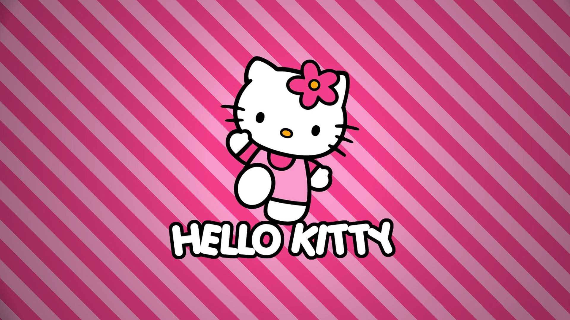 Hello Kitty 桌布 壁紙 — Hello Kitty 卡通角色穿著粉紅色連衣裙，在對角粉紅色條紋背景前揮手。