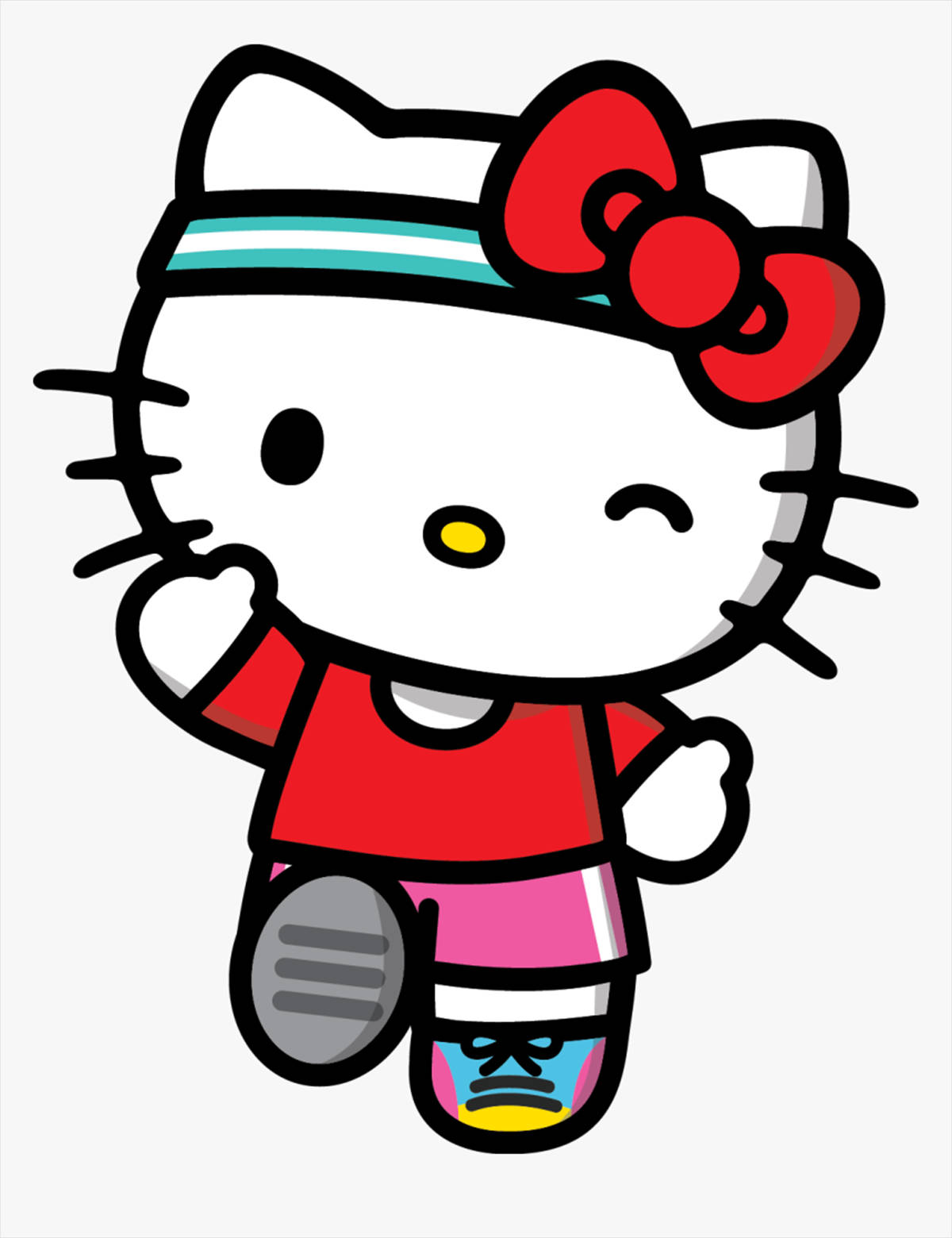 Hello 桌布 壁紙 — Hello Kitty 卡通角色身穿紅色襯衫、粉紅色短褲和跑步鞋，正邁步中，戴著紅色蝴蝶結和青綠色頭帶。