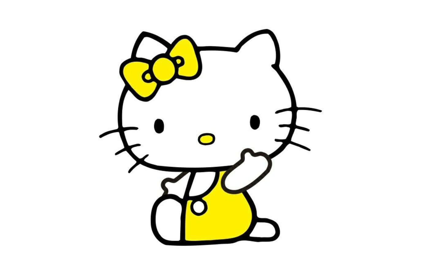 Mimmy White 桌布 壁紙 — Hello Kitty 卡通角色穿著黃色連衣裙和蝴蝶結，在白色背景前開心地揮手。