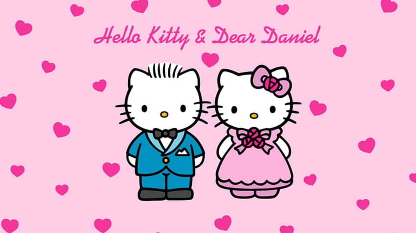 Dear Daniel 桌布 壁紙 — Hello Kitty 和 Dear Daniel 穿著婚紗站在充滿愛心的粉紅色背景前。