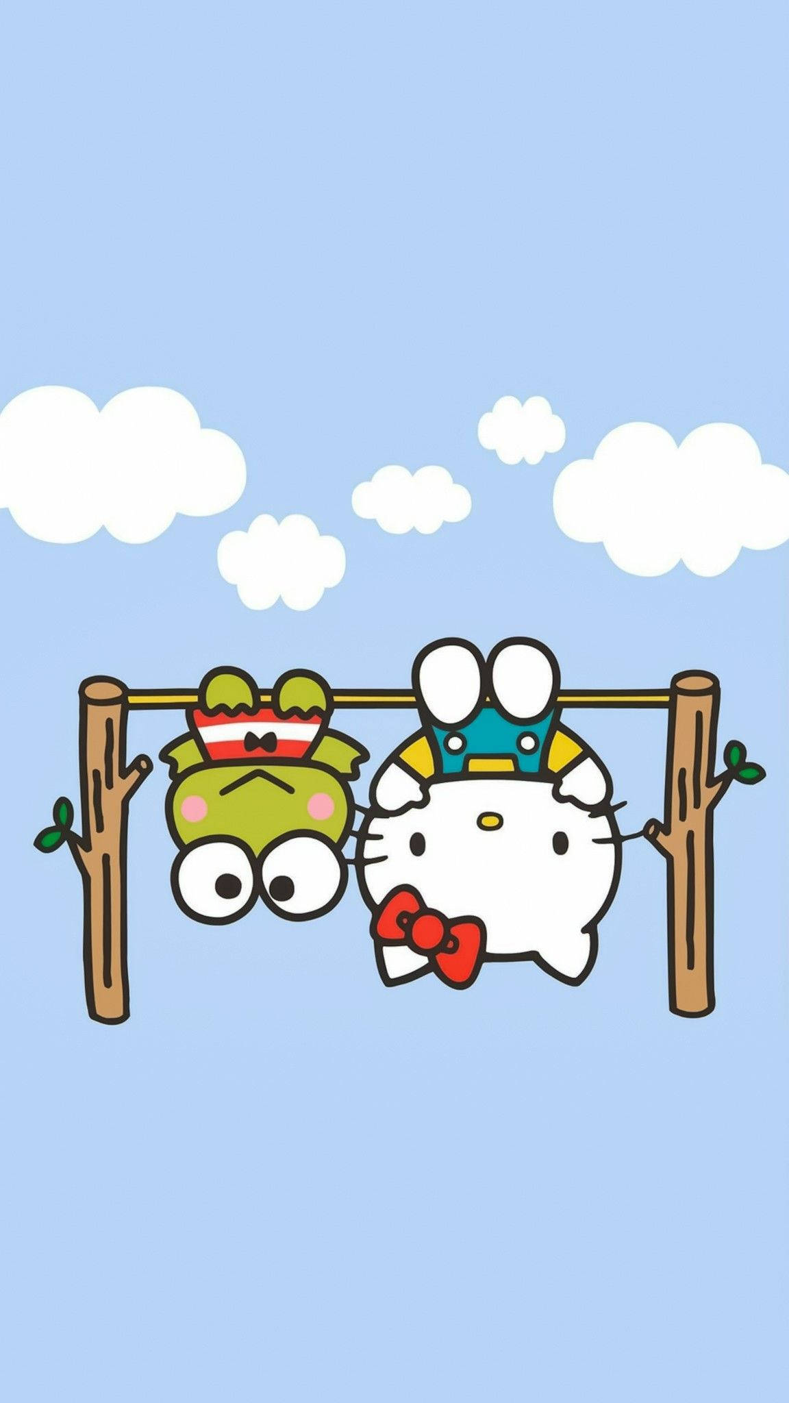 Keroppi 桌布 壁紙 — Hello Kitty 和 Keroppi 倒掛在木條上，背景是淺藍色天空和蓬鬆的白色雲朵。