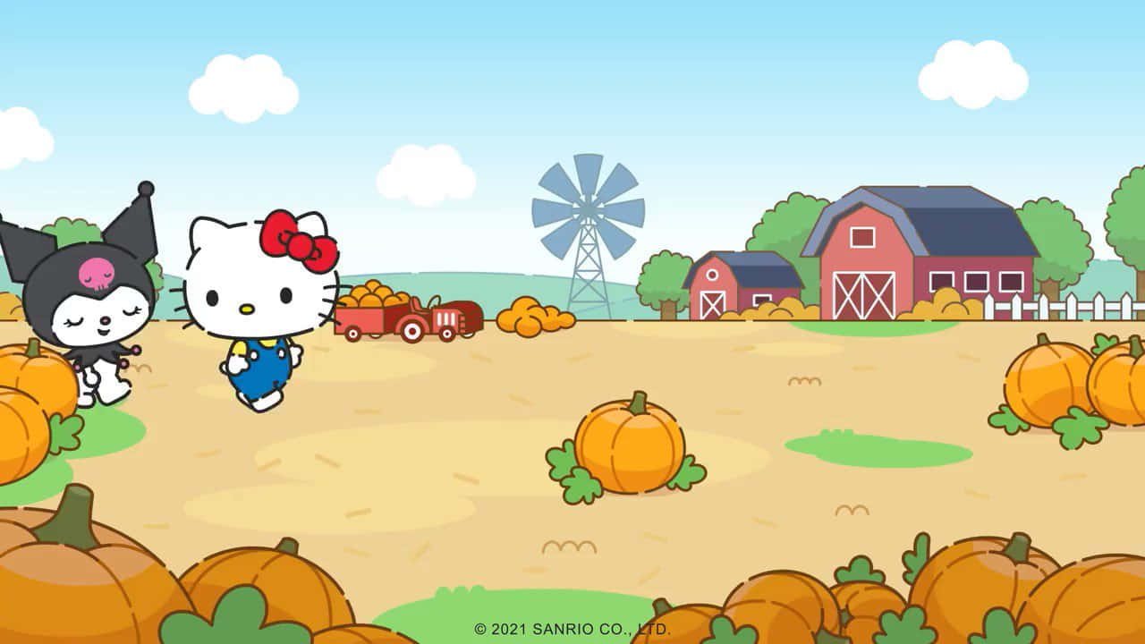 Hello Kitty Thanksgiving 桌布 壁紙 — Hello Kitty 和 Kuromi 在陽光明媚的南瓜田裡散步，附近有一座紅色穀倉和風車。
