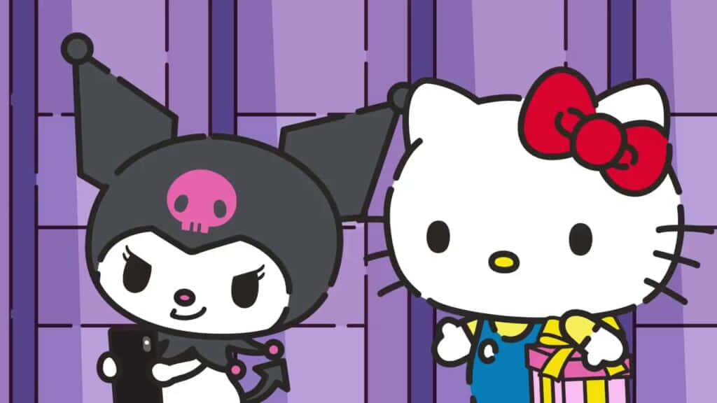 Hello Kitty Pc 桌布 壁紙 — Hello Kitty 和 Kuromi 並肩站在紫色條紋背景前，Kuromi 拿著電話，Hello Kitty 拿著禮物盒。