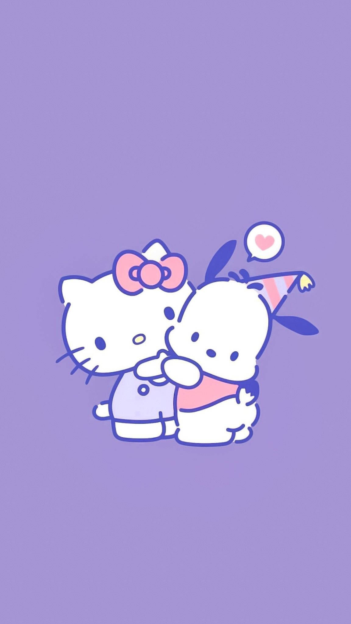 Pochacco 桌布 壁紙 — Hello Kitty 和 My Melody 在柔和的紫色背景上溫暖擁抱，並有一個心形對話氣泡。