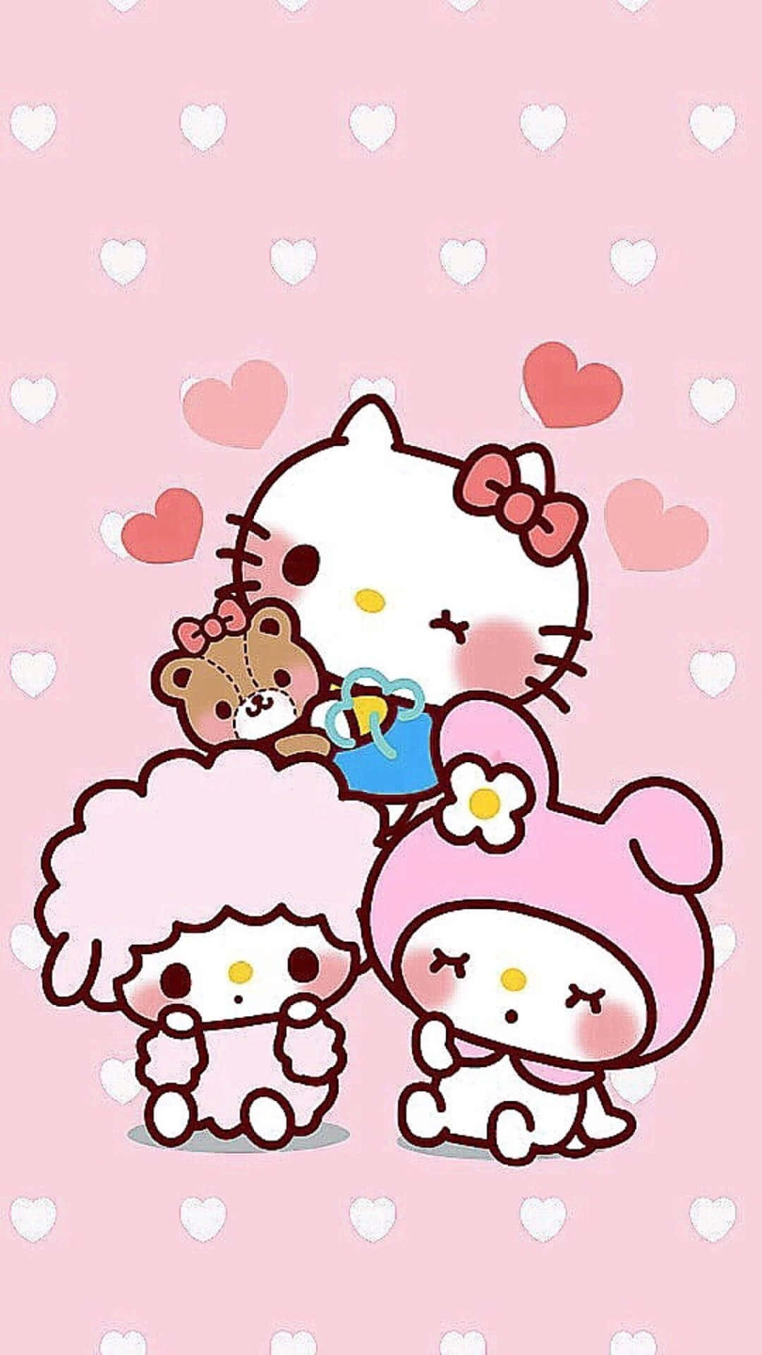 三麗鷗角色 桌布 壁紙 — Hello Kitty 和 My Melody 在粉紅色愛心圖案背景中與一隻泰迪熊依偎在一起。