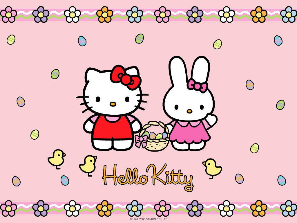 Hello 桌布 壁紙 — Hello Kitty 和 My Melody 一起站在粉紅色背景上，手持一籃色彩繽紛的復活節蛋，周圍有花卉邊框和散落的蛋。