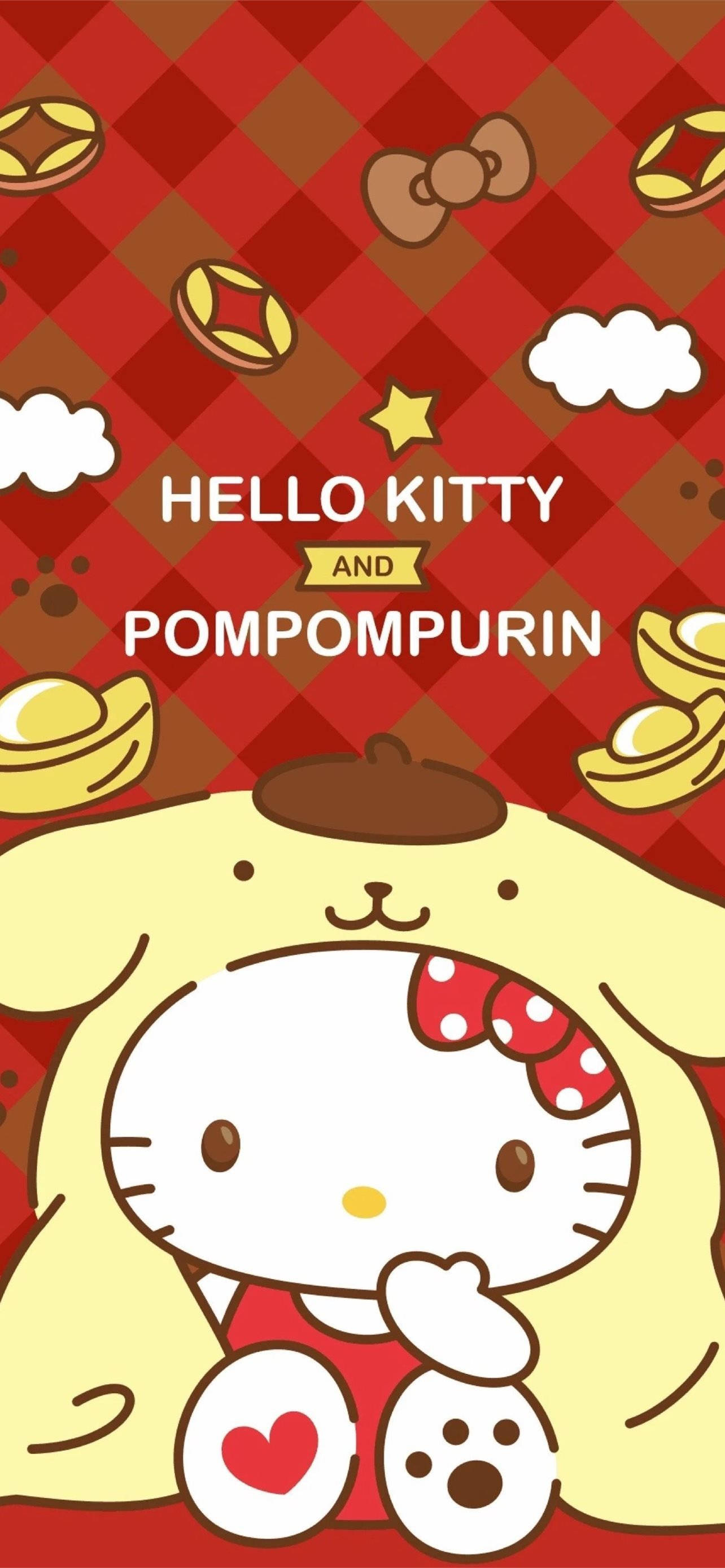 Cute Cartoon Dog 桌布 壁紙 — Hello Kitty 和 Pompompurin 在紅色格子背景上與金幣和雲朵依偎在一起。