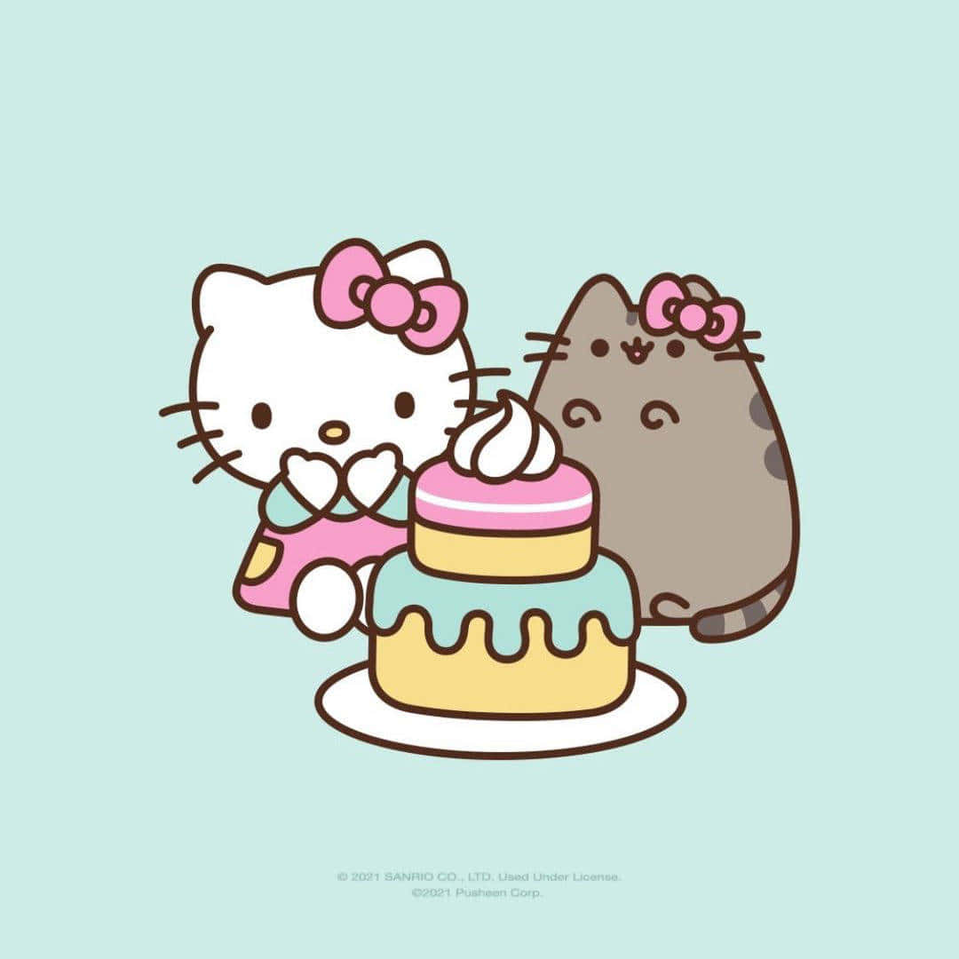 蛋糕 桌布 壁紙 — Hello Kitty 和 Pusheen 坐在一個色彩繽紛的多層蛋糕旁邊，蛋糕上有粉紅色和藍色的糖霜，背景是薄荷色。