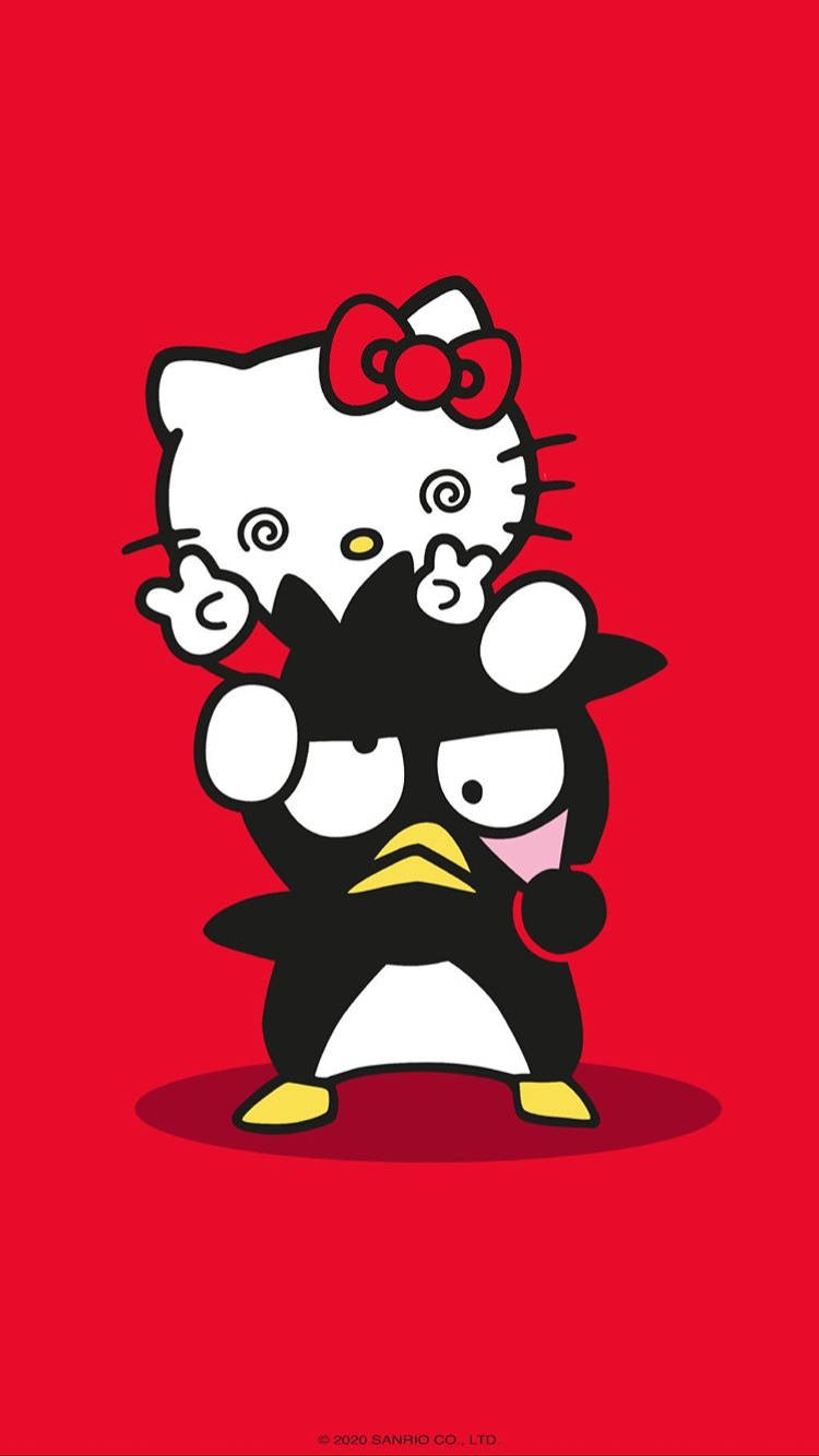 Badtz Maru 桌布 壁紙 — Hello Kitty 和 Pucca 在純紅色背景上以粗線條和極少陰影俏皮地擺姿勢。