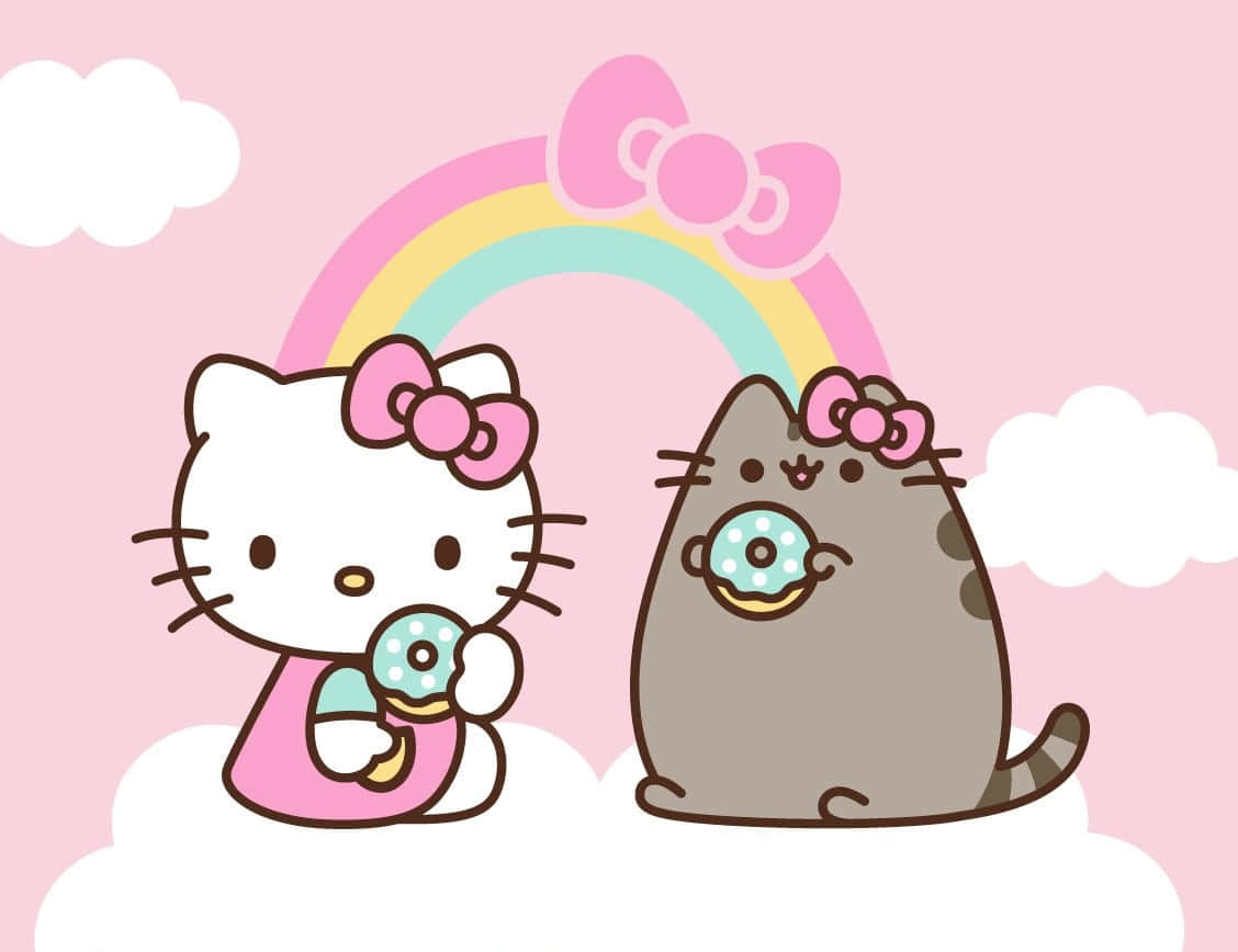 Hello Kitty 和 Pusheen 在雲上，在彩虹下吃甜甜圈。 — Pusheen 動圖 壁紙