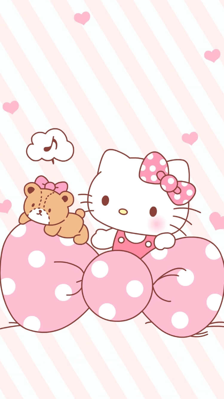 粉紅色 桌布 壁紙 — Hello Kitty 和一個泰迪熊坐在一個巨大的粉紅色圓點蝴蝶結上，背景是粉紅色條紋，有漂浮的心形。